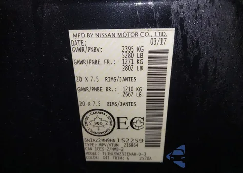 2017 Nissan Murano Platinum/S/Sl/Sv из США, поврежденный, VIN 5N1AZ2MH9HN152259